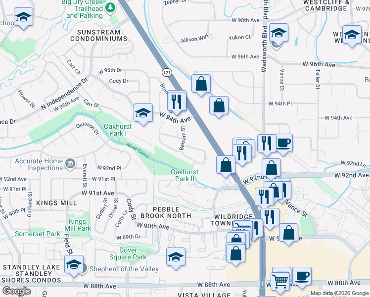 map of restaurants, bars, coffee shops, grocery stores, and more near 8198 West 93rd Circle in Westminster