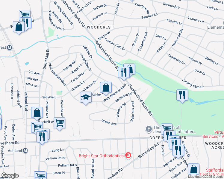 map of restaurants, bars, coffee shops, grocery stores, and more near 112 Ashley Court in Cherry Hill