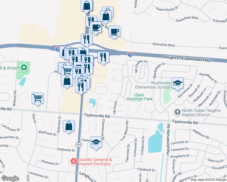 map of restaurants, bars, coffee shops, grocery stores, and more near 7641 Mount Hood in Dayton