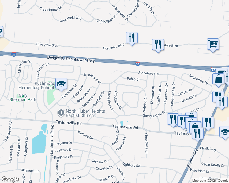 map of restaurants, bars, coffee shops, grocery stores, and more near 7749 Stockholm Drive in Dayton