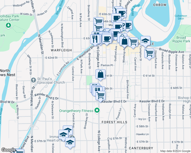 map of restaurants, bars, coffee shops, grocery stores, and more near 6060 North College Avenue in Indianapolis