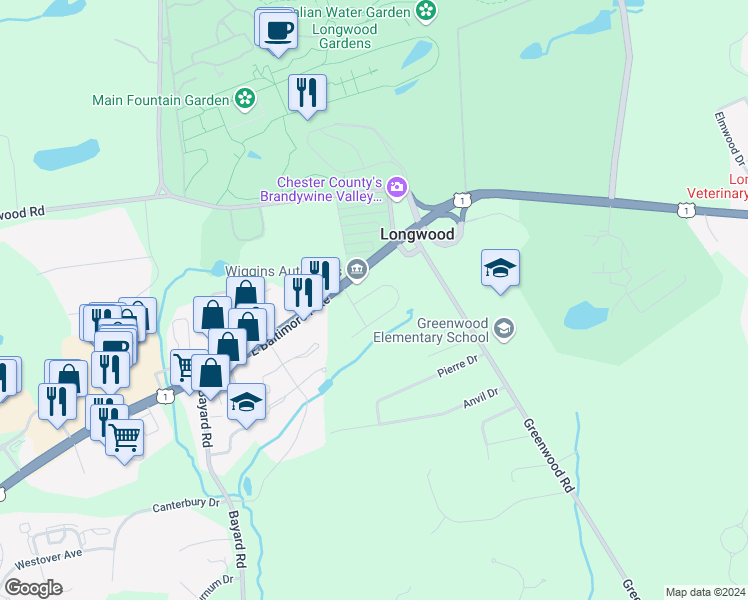 map of restaurants, bars, coffee shops, grocery stores, and more near 215 Deepdale Drive in Kennett Square