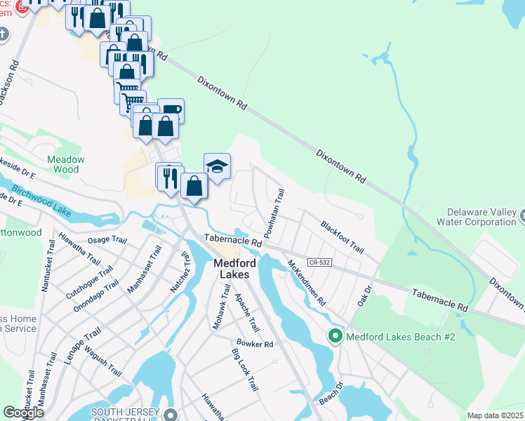 map of restaurants, bars, coffee shops, grocery stores, and more near 88 Pocahontas Trail in Medford