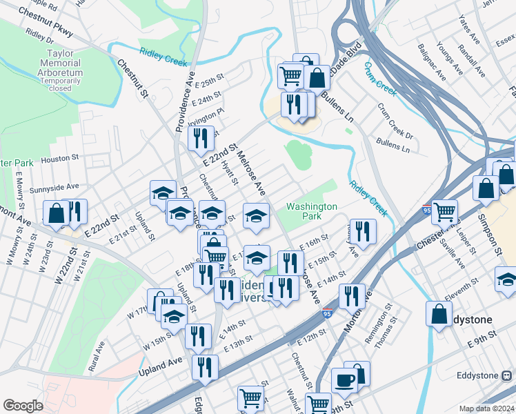 map of restaurants, bars, coffee shops, grocery stores, and more near 507 East 19th Street in Chester