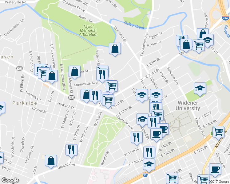 map of restaurants, bars, coffee shops, grocery stores, and more near 116 East 22nd Street in Chester