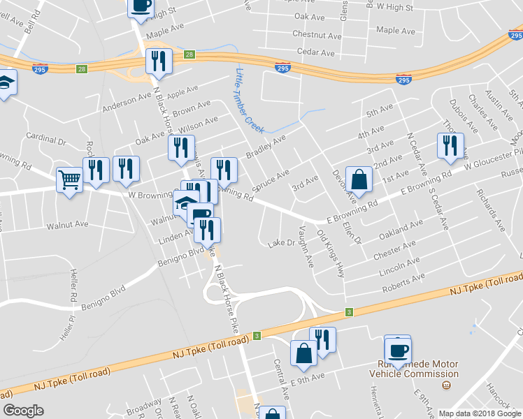 map of restaurants, bars, coffee shops, grocery stores, and more near 8 Sullivan Avenue in Bellmawr