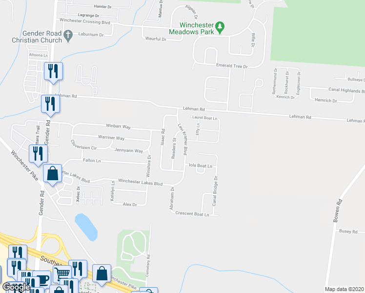 map of restaurants, bars, coffee shops, grocery stores, and more near 5647 Levi Kramer Boulevard in Canal Winchester