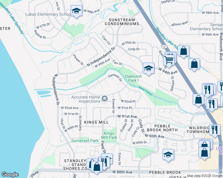 map of restaurants, bars, coffee shops, grocery stores, and more near 9304 Field Lane in Westminster