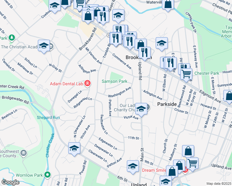 map of restaurants, bars, coffee shops, grocery stores, and more near 3427 Washington Avenue in Brookhaven