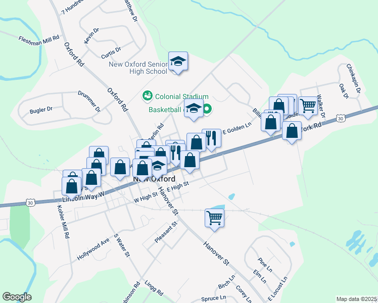 map of restaurants, bars, coffee shops, grocery stores, and more near 8 North Berlin Avenue in New Oxford