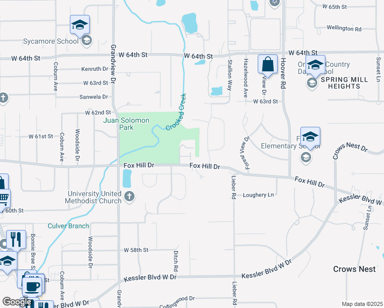 map of restaurants, bars, coffee shops, grocery stores, and more near 1333 Saddlebrook Court in Indianapolis