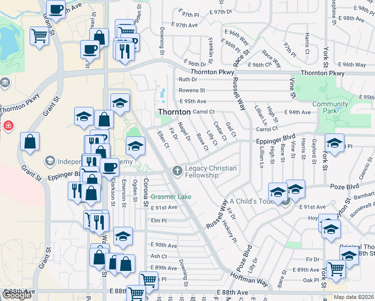 map of restaurants, bars, coffee shops, grocery stores, and more near 9291 Fir Drive in Thornton