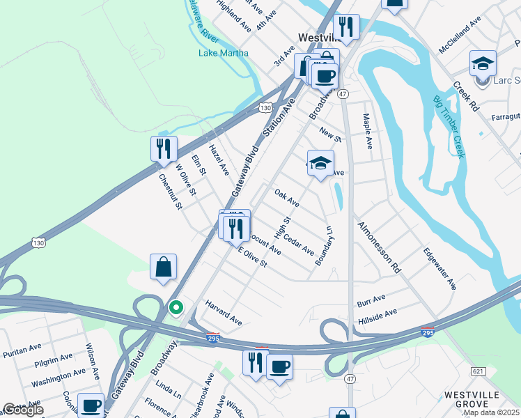 map of restaurants, bars, coffee shops, grocery stores, and more near 10 Spruce Avenue in Westville