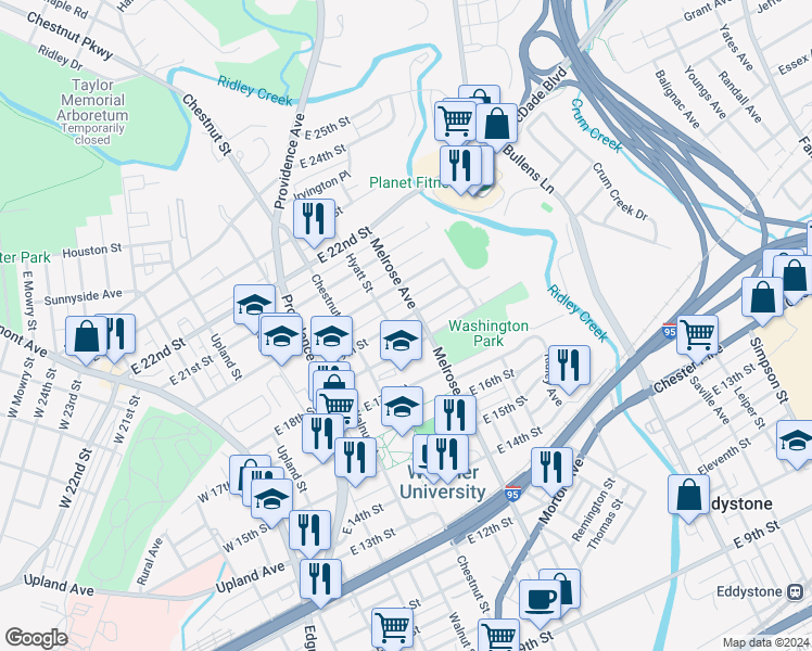 map of restaurants, bars, coffee shops, grocery stores, and more near 509 East 19th Street in Chester