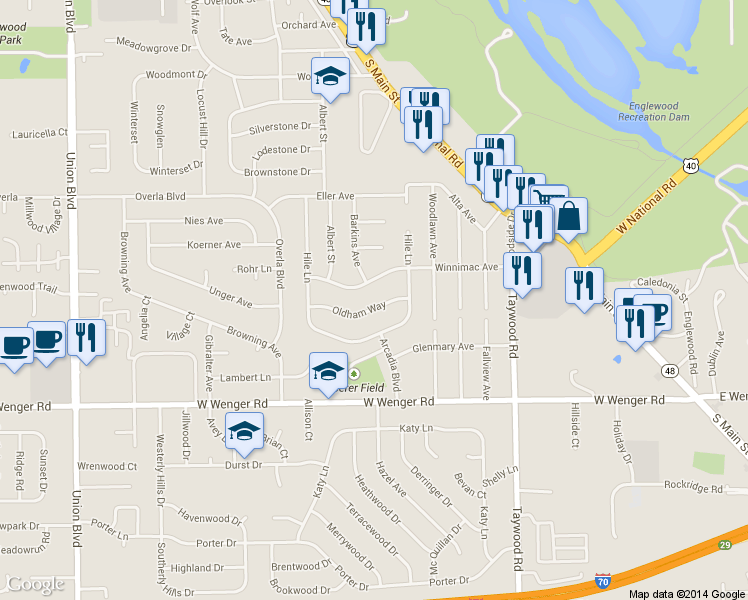 map of restaurants, bars, coffee shops, grocery stores, and more near 311 Oldham Way in Englewood