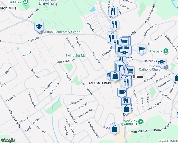 map of restaurants, bars, coffee shops, grocery stores, and more near 213 Tuscany Road in Aston