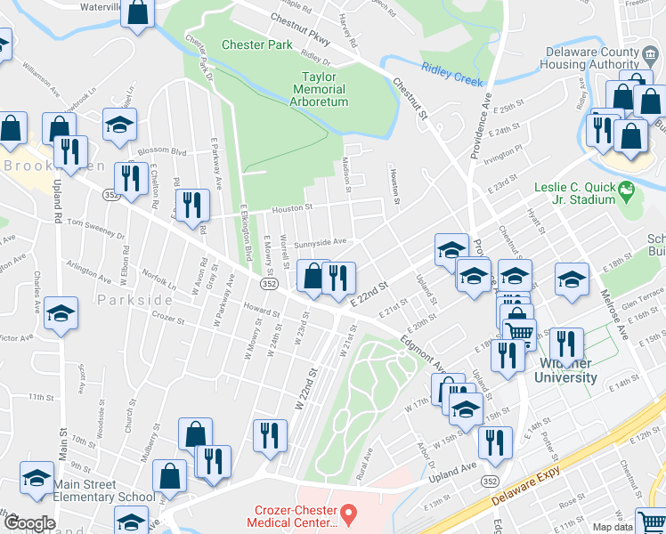 map of restaurants, bars, coffee shops, grocery stores, and more near 103 East 24th Street in Chester