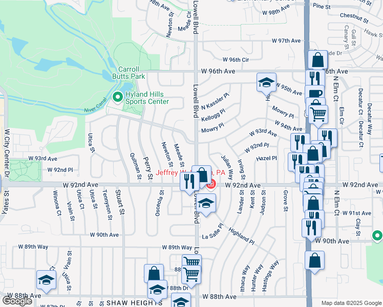 map of restaurants, bars, coffee shops, grocery stores, and more near 9365 Lowell Boulevard in Westminster
