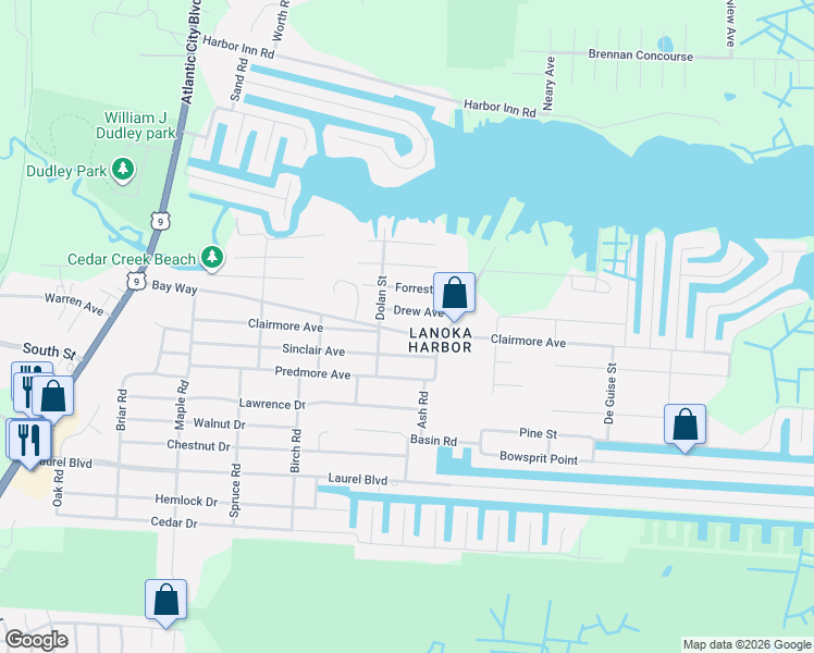 map of restaurants, bars, coffee shops, grocery stores, and more near 412 Bay Way in Lacey Township