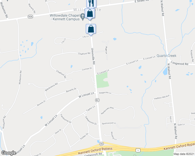 map of restaurants, bars, coffee shops, grocery stores, and more near 605 Unionville Road in Kennett Square