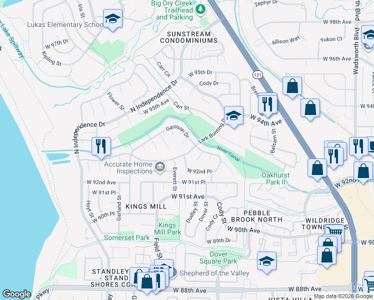 map of restaurants, bars, coffee shops, grocery stores, and more near 8735 West 93rd Avenue in Westminster