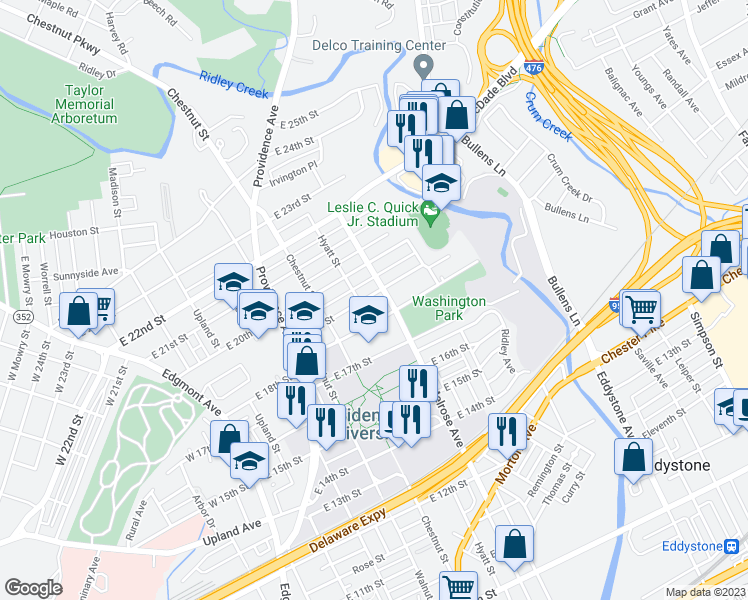 map of restaurants, bars, coffee shops, grocery stores, and more near 511 East 19th Street in Chester