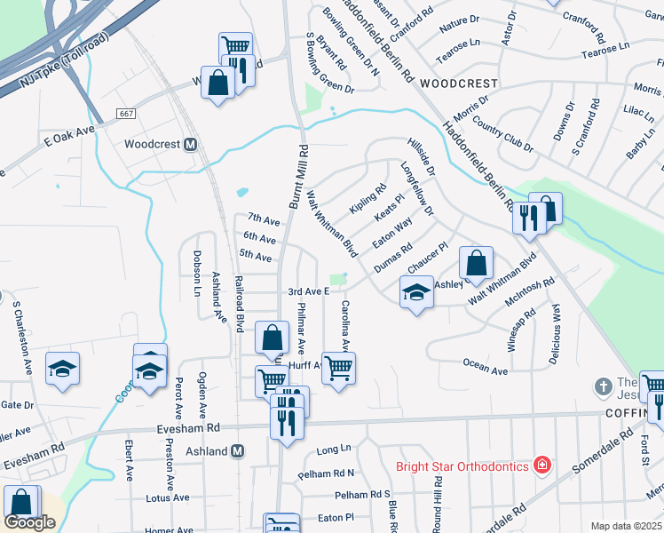 map of restaurants, bars, coffee shops, grocery stores, and more near 300 Carolina Avenue in Cherry Hill