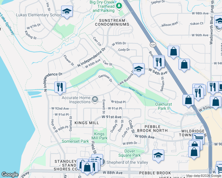 map of restaurants, bars, coffee shops, grocery stores, and more near 8735 West 93rd Avenue in Westminster