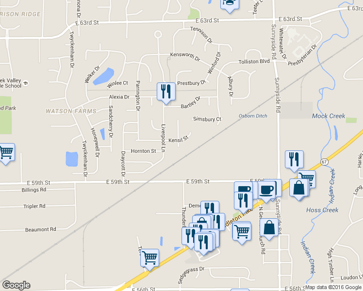 map of restaurants, bars, coffee shops, grocery stores, and more near 6011 Stilton Circle in Indianapolis