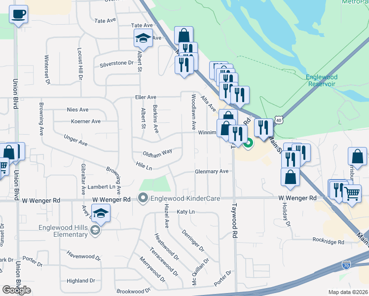 map of restaurants, bars, coffee shops, grocery stores, and more near 708 Hile Lane in Englewood
