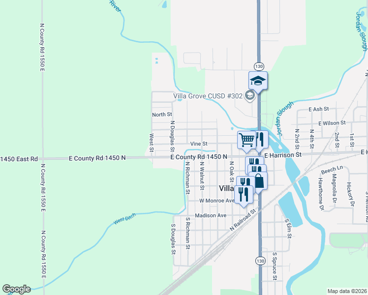 map of restaurants, bars, coffee shops, grocery stores, and more near 403 Vine Street in Villa Grove