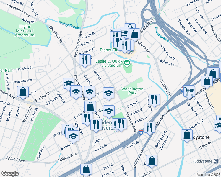 map of restaurants, bars, coffee shops, grocery stores, and more near 511 East 19th Street in Chester