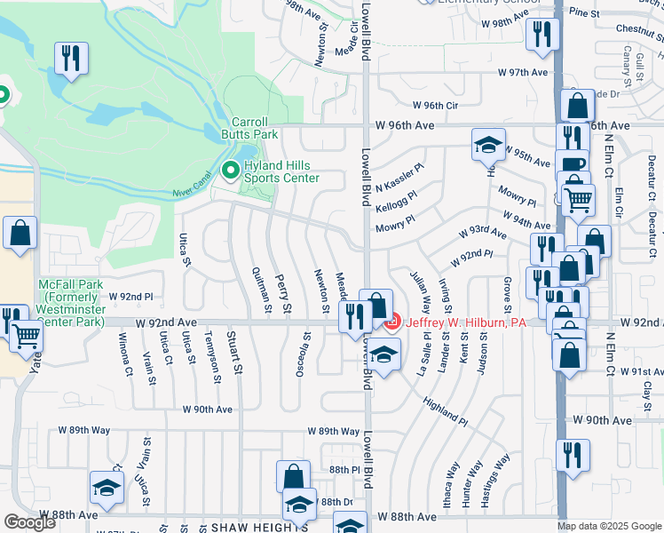 map of restaurants, bars, coffee shops, grocery stores, and more near 9315 Meade Street in Westminster