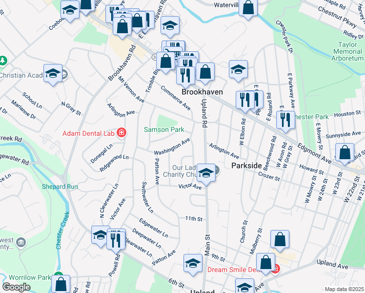 map of restaurants, bars, coffee shops, grocery stores, and more near 3408 Washington Avenue in Brookhaven