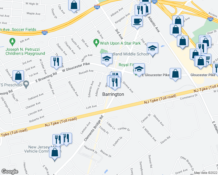 map of restaurants, bars, coffee shops, grocery stores, and more near 212 Willmont Avenue in Barrington
