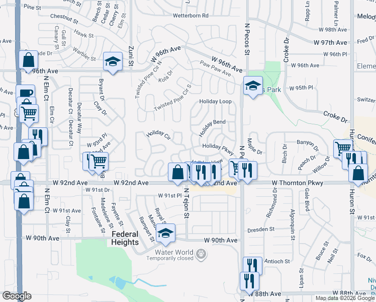 map of restaurants, bars, coffee shops, grocery stores, and more near 1801 West 92nd Avenue in Federal Heights
