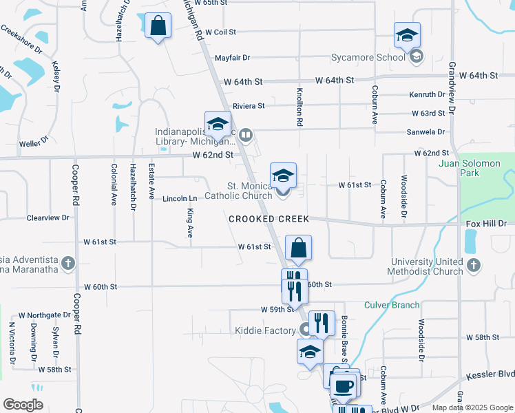 map of restaurants, bars, coffee shops, grocery stores, and more near 6138 Michigan Road in Indianapolis
