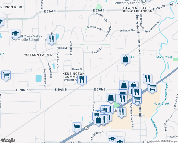 map of restaurants, bars, coffee shops, grocery stores, and more near 6011 Stilton Circle in Indianapolis