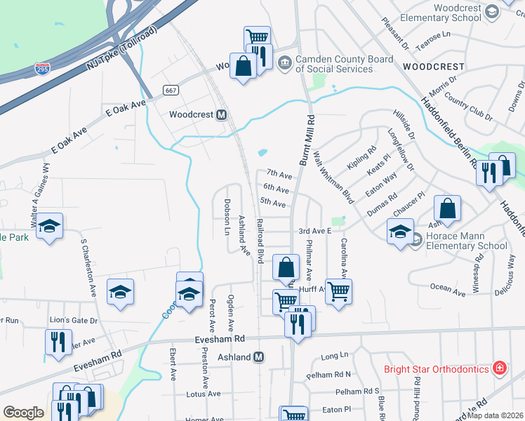 map of restaurants, bars, coffee shops, grocery stores, and more near 509 Railroad Boulevard in Cherry Hill