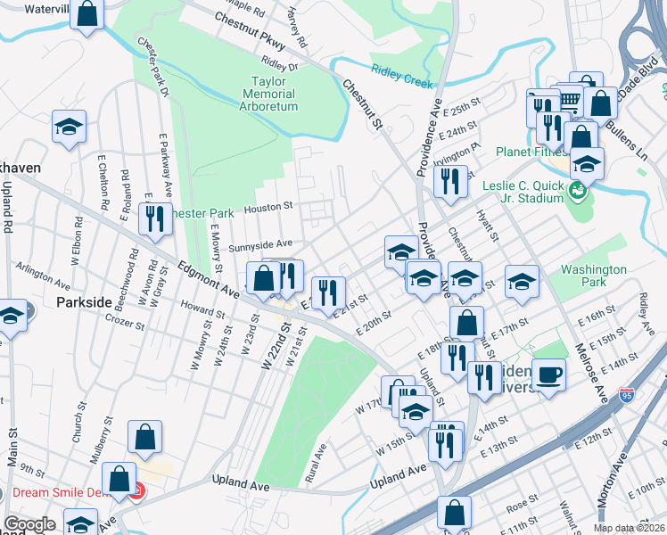 map of restaurants, bars, coffee shops, grocery stores, and more near 116 East 22nd Street in Chester