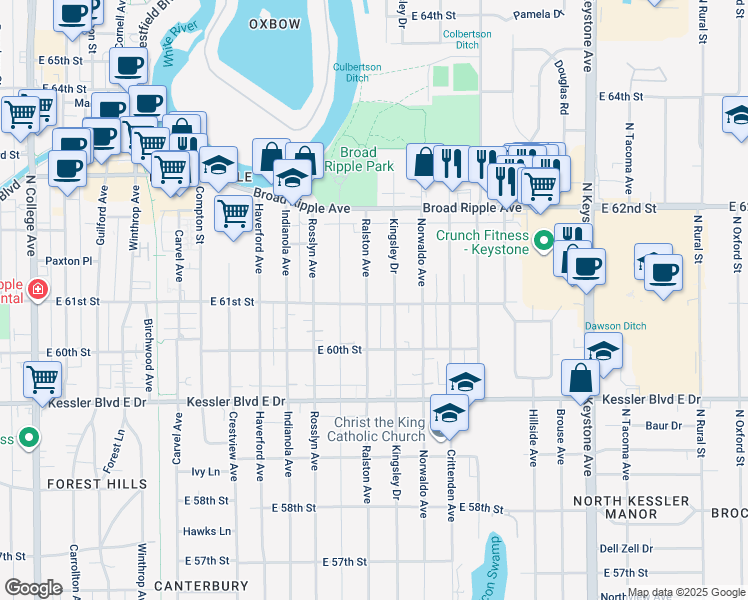 map of restaurants, bars, coffee shops, grocery stores, and more near 6101 Ralston Avenue in Indianapolis