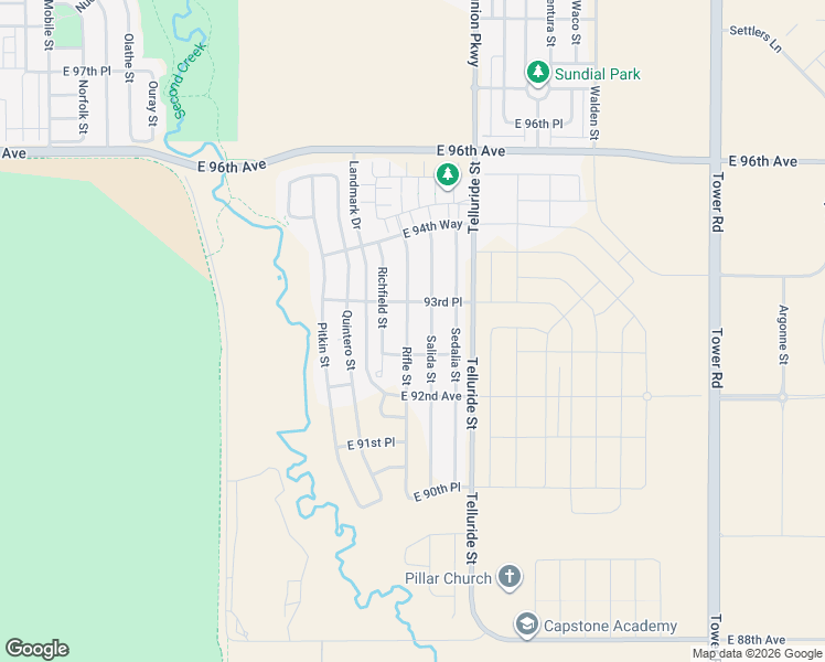map of restaurants, bars, coffee shops, grocery stores, and more near 9299 Rifle Street in Commerce City