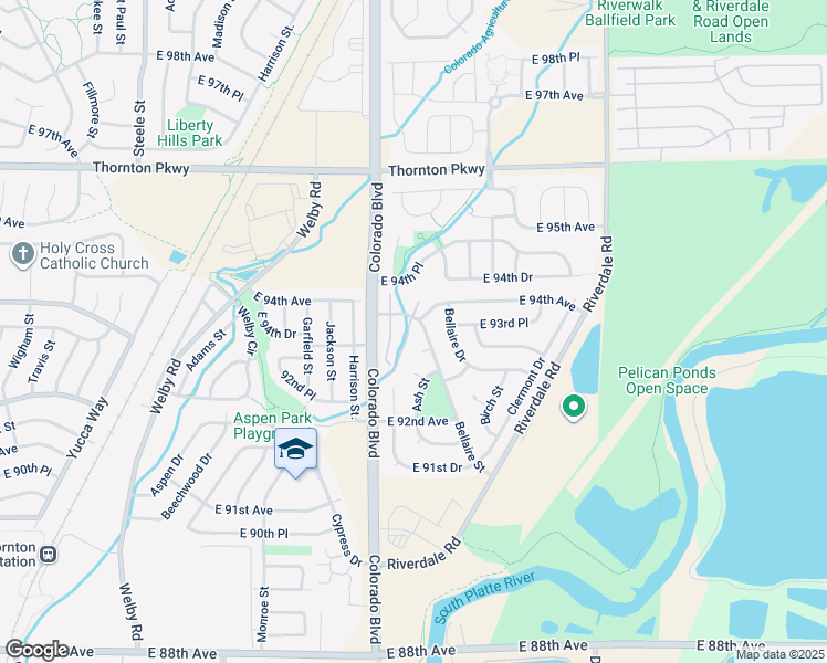 map of restaurants, bars, coffee shops, grocery stores, and more near 9395 Bellaire Street in Thornton