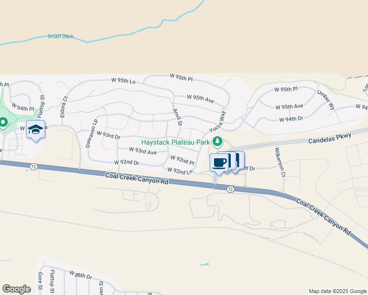 map of restaurants, bars, coffee shops, grocery stores, and more near 18402 West 93rd Place in Arvada