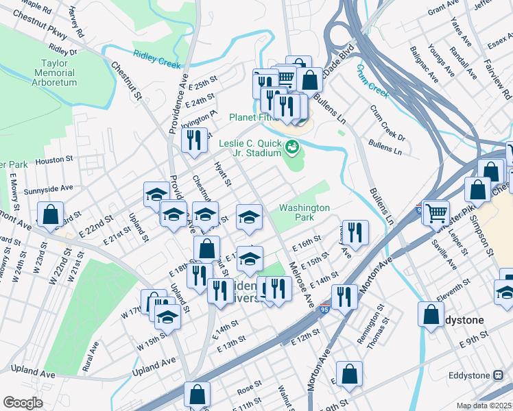 map of restaurants, bars, coffee shops, grocery stores, and more near 513 East 19th Street in Chester