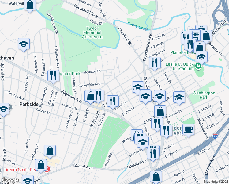 map of restaurants, bars, coffee shops, grocery stores, and more near 116 East 22nd Street in Chester