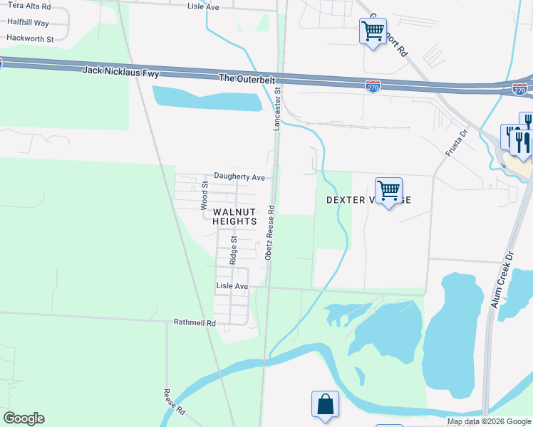 map of restaurants, bars, coffee shops, grocery stores, and more near 4801 Obetz Reese Road in Columbus