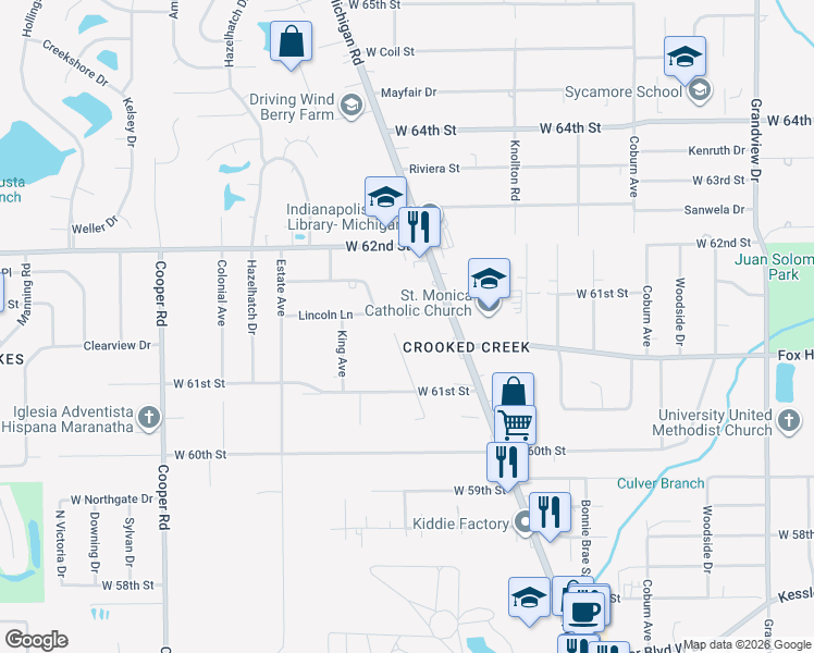 map of restaurants, bars, coffee shops, grocery stores, and more near 6138 Michigan Road in Indianapolis