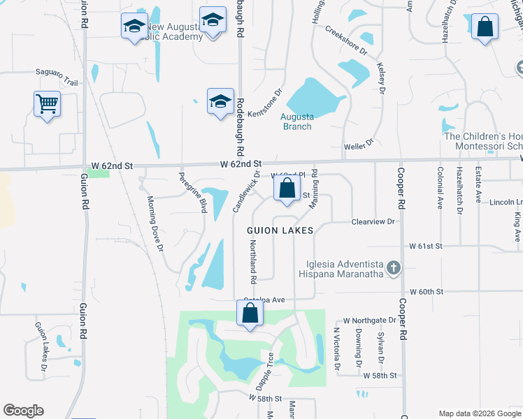 map of restaurants, bars, coffee shops, grocery stores, and more near 6104 Northland Road in Indianapolis