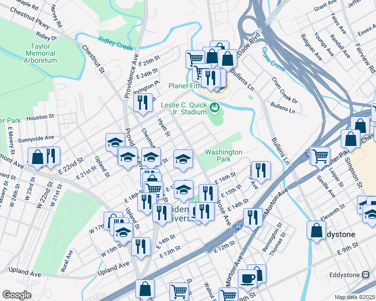 map of restaurants, bars, coffee shops, grocery stores, and more near 513 East 19th Street in Chester